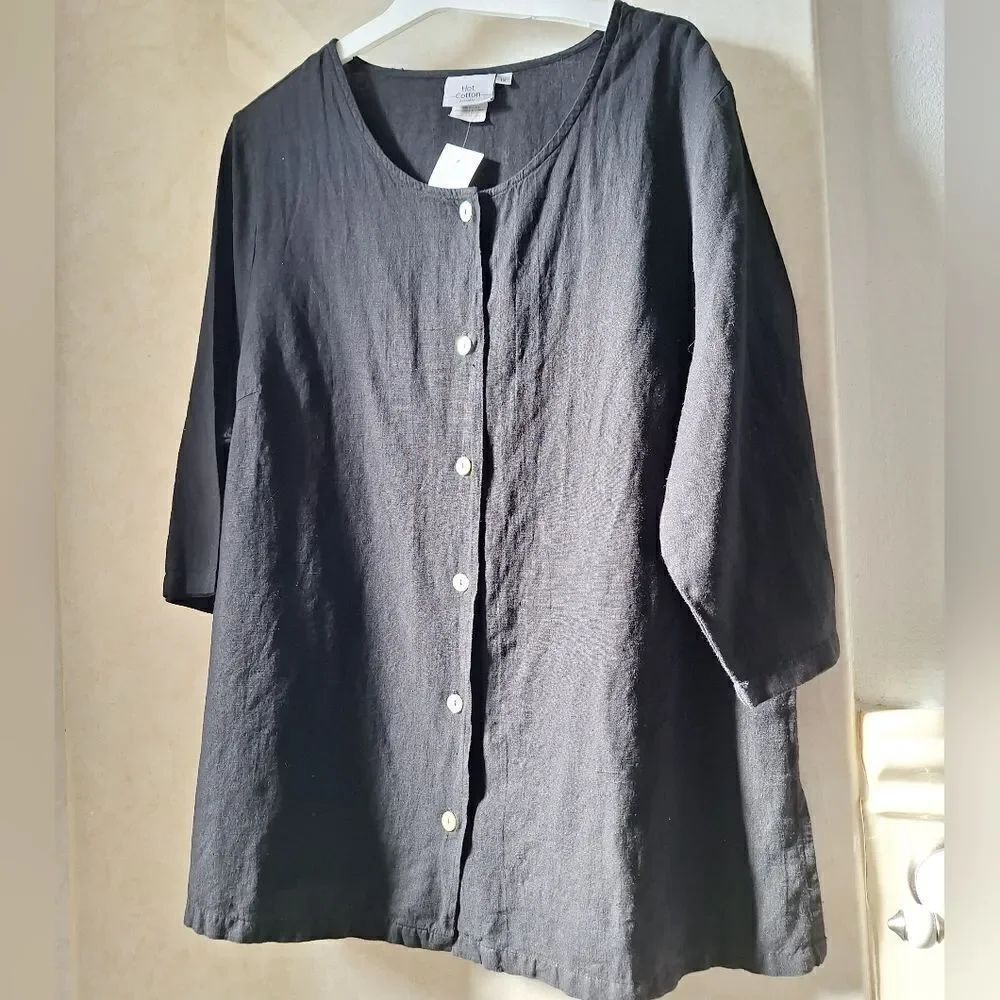 NWT Hot Cotton 1X black tunic top, Linen blend, blouse